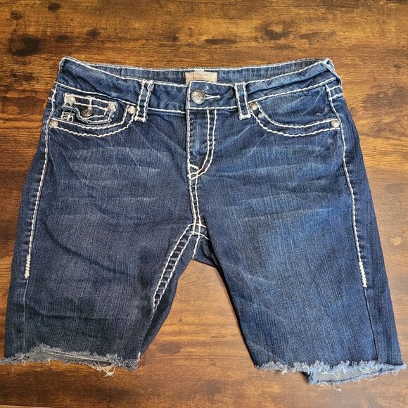 LA Idol Cut Off Denim Shorts Size 11 Low Rise Raw Hem Thick Stitch Button Flaps - Picture 2 of 9